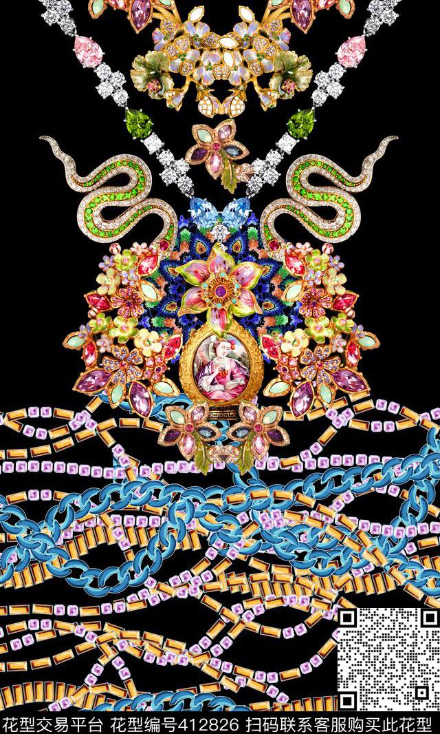 时尚宝石珠宝链条项链数码印花华亿平台下载（图片编号: 412826） - 瓦栏（Walan）