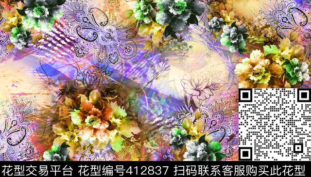 花卉佩斯利、花数码印花华亿平台下载（图片编号: 412837） - 瓦栏（Walan）