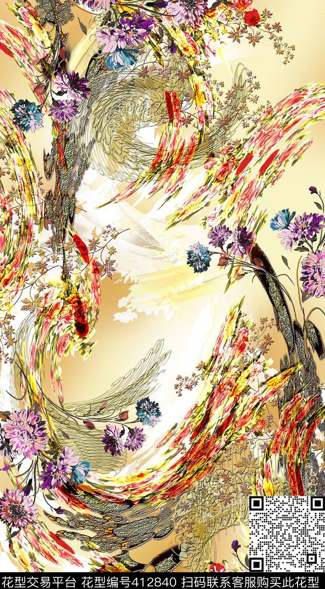 抽象花卉花卉扭曲数码印花华亿平台下载（图片编号: 412840） - 瓦栏（Walan）
