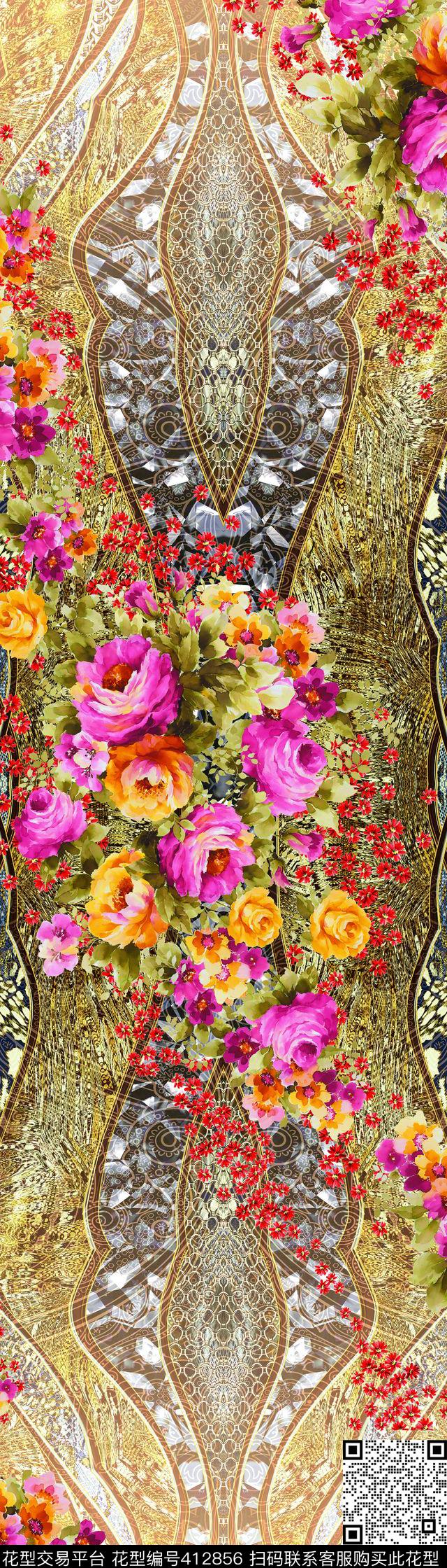 清新定位手绘花卉数码印花华亿平台下载（图片编号: 412856） - 瓦栏（Walan）