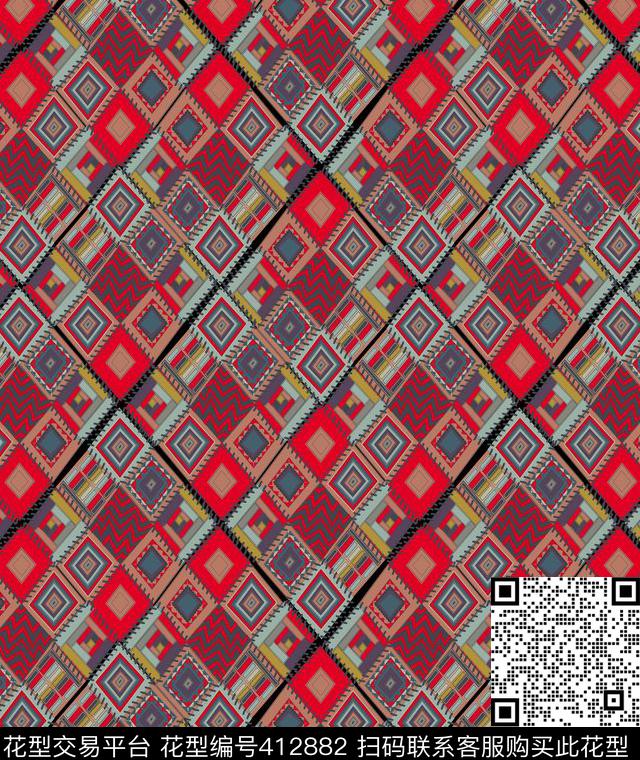 抽象格子彩色女装传统印花华亿平台下载（图片编号: 412882） - 瓦栏（Walan）