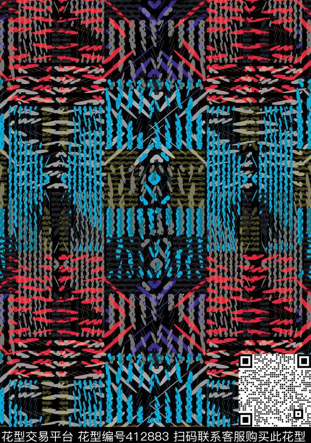 百搭抽像格子传统印花华亿平台下载（图片编号: 412883） - 瓦栏（Walan）