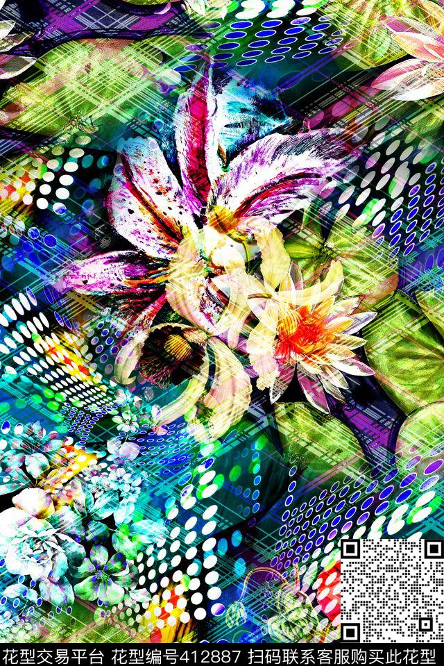 抽象荷花花卉数码印花华亿平台下载（图片编号: 412887） - 瓦栏（Walan）