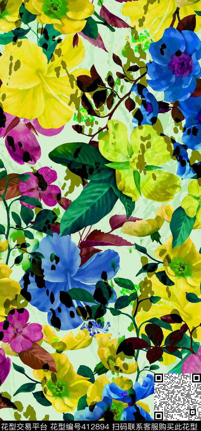 流行时尚植物花卉数码印花华亿平台下载（图片编号: 412894） - 瓦栏（Walan）