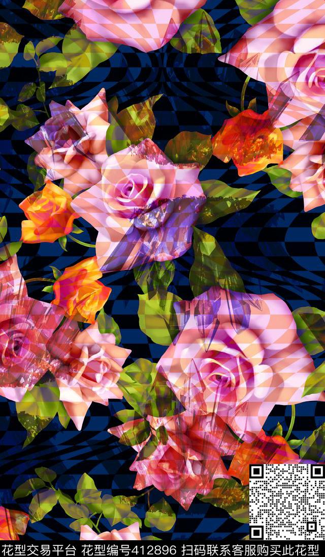 几何玫瑰植物花卉数码印花华亿平台下载（图片编号: 412896） - 瓦栏（Walan）