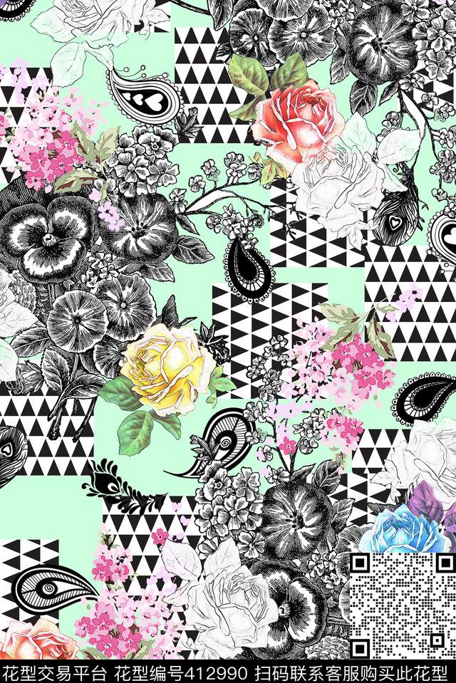 玫瑰欧式佩斯利数码印花华亿平台下载（图片编号: 412990） - 瓦栏（Walan）