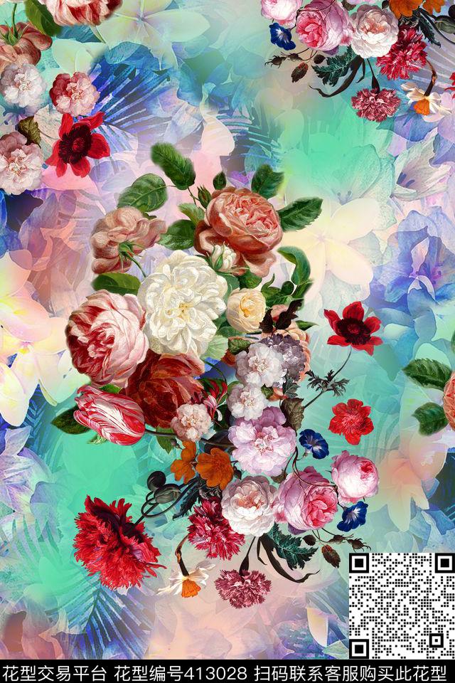 油画组合花数码华亿平台朦胧梦幻底纹数码印花华亿平台下载（图片编号: 413028） - 瓦栏（Walan）
