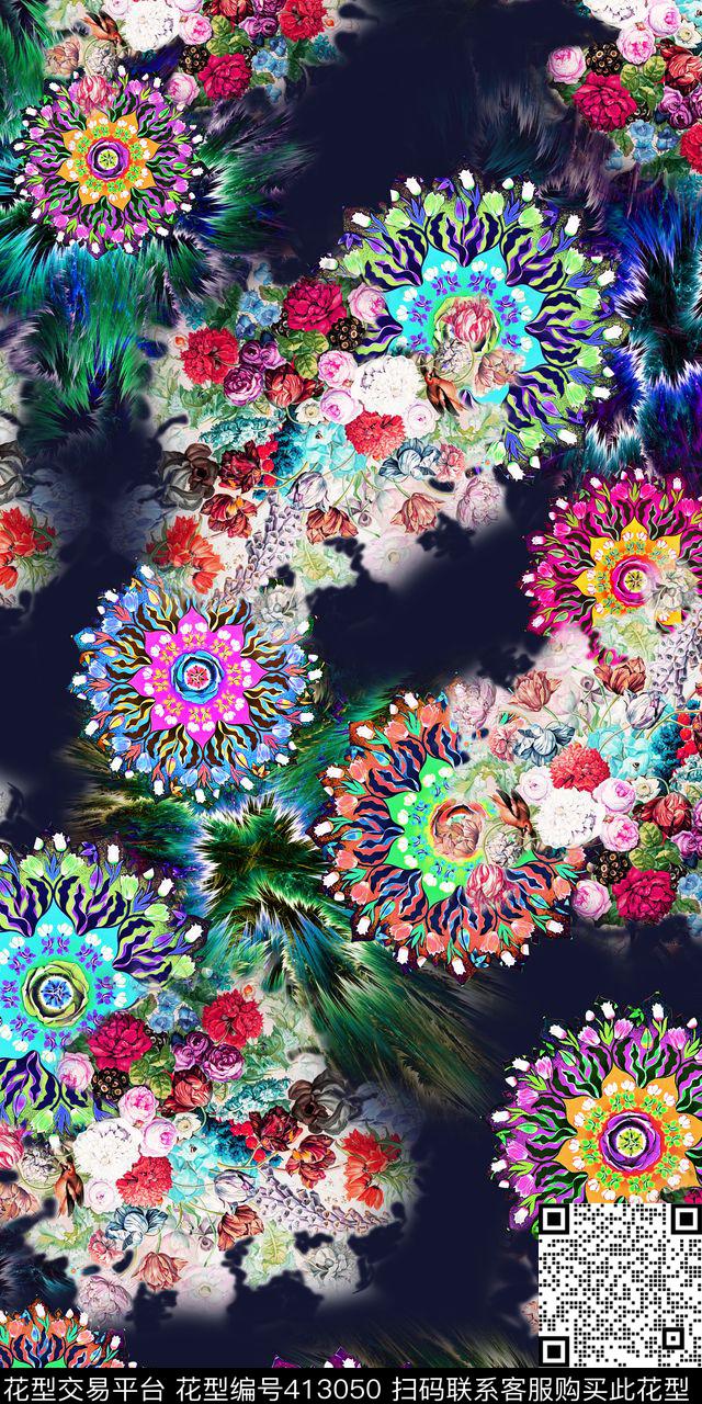 数码风圆盘花卉数码印花华亿平台下载（图片编号: 413050） - 瓦栏（Walan）