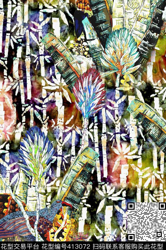 时尚芭蕉竹叶数码印花华亿平台下载（图片编号: 413072） - 瓦栏（Walan）