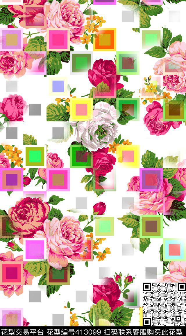 层叠格子花卉数码印花华亿平台下载（图片编号: 413099） - 瓦栏（Walan）