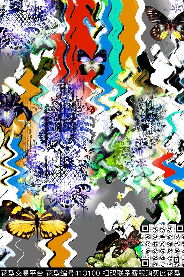 抽象花卉蝴蝶数码印花华亿平台下载（图片编号: 413100） - 瓦栏（Walan）