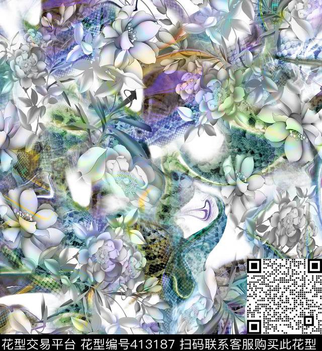 抽象蛇皮大气花朵数码印花华亿平台下载（图片编号: 413187） - 瓦栏（Walan）