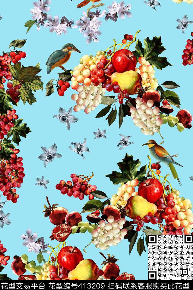 复古花鸟秋冬长裙款油画水果数码印花华亿平台下载（图片编号: 413209） - 瓦栏（Walan）