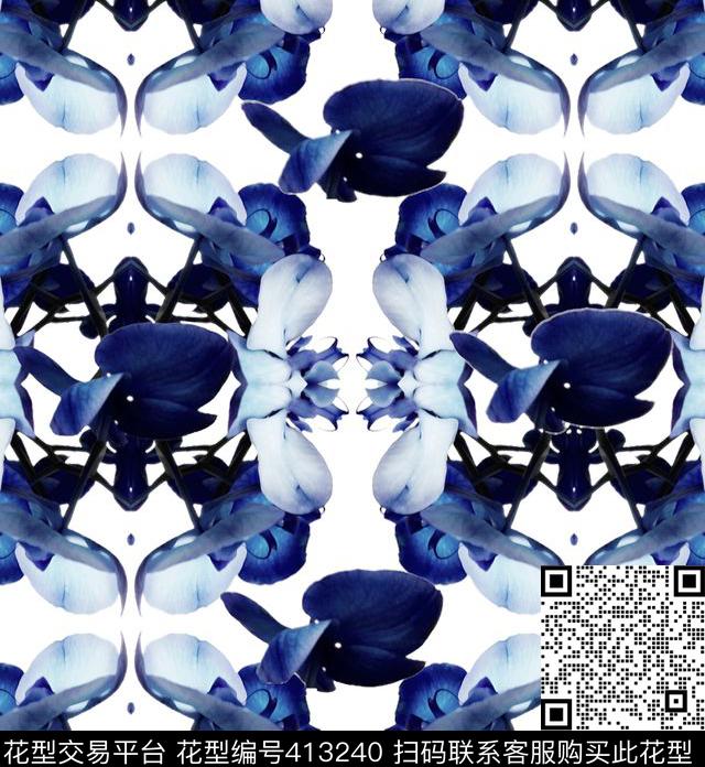花卉蓝色数码印花华亿平台下载（图片编号: 413240） - 瓦栏（Walan）