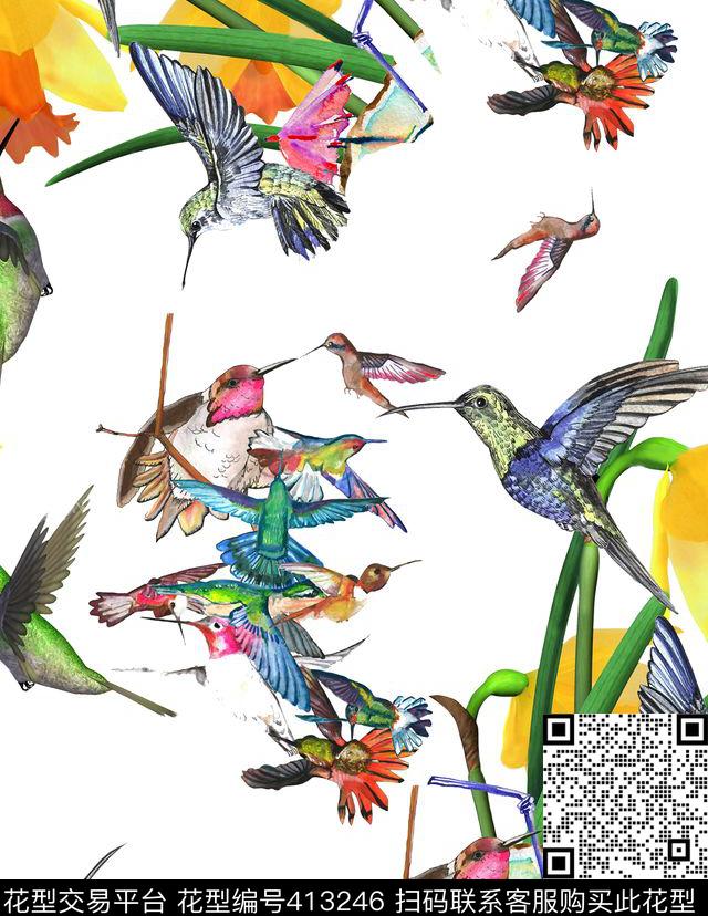 春夏华亿平台蜂鸟花卉数码印花华亿平台下载（图片编号: 413246） - 瓦栏（Walan）