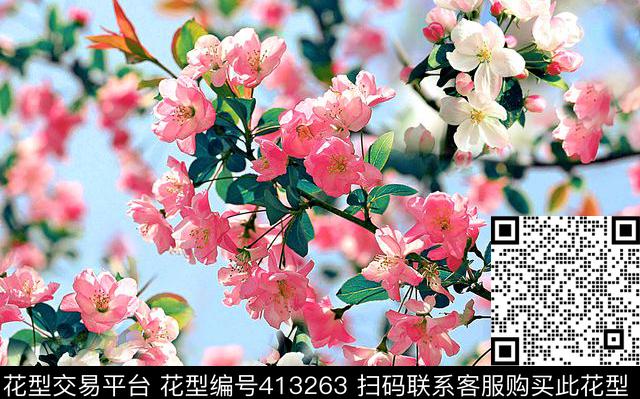 海棠花卉蓝色数码印花华亿平台下载（图片编号: 413263） - 瓦栏（Walan）