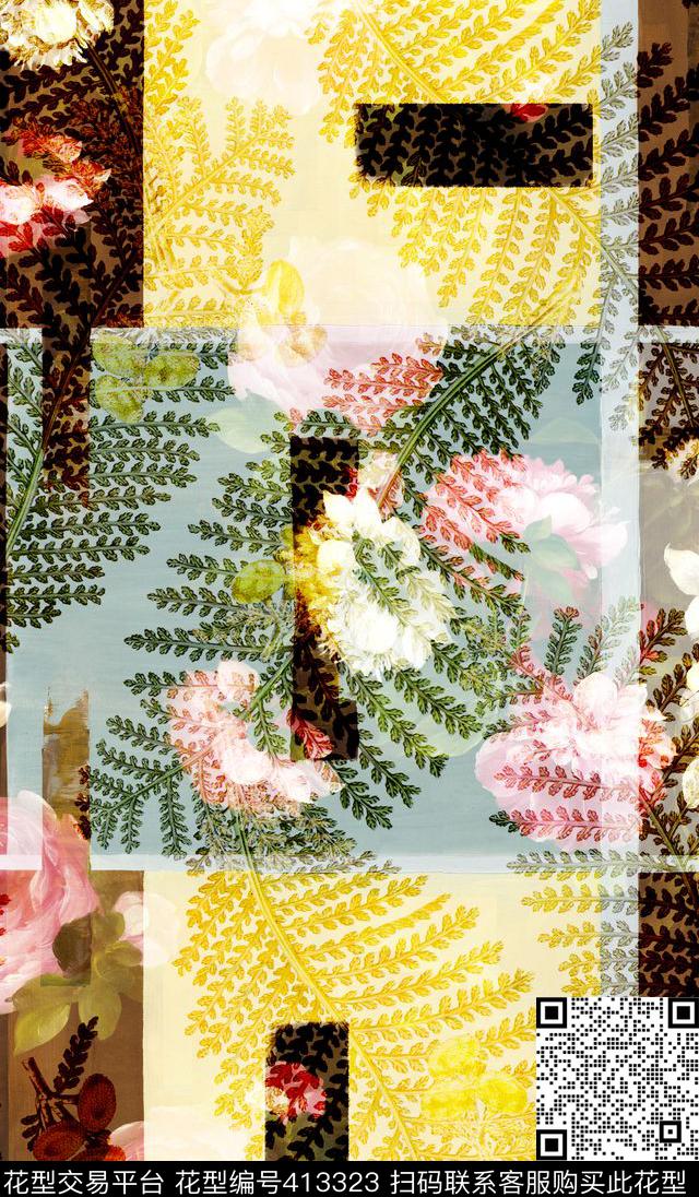 拼贴植物植物花卉数码印花华亿平台下载（图片编号: 413323） - 瓦栏（Walan）