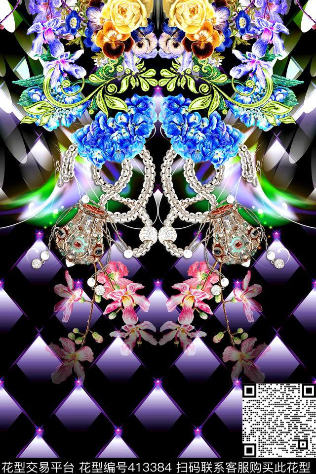 流行时尚花卉珠宝数码印花华亿平台下载（图片编号: 413384） - 瓦栏（Walan）