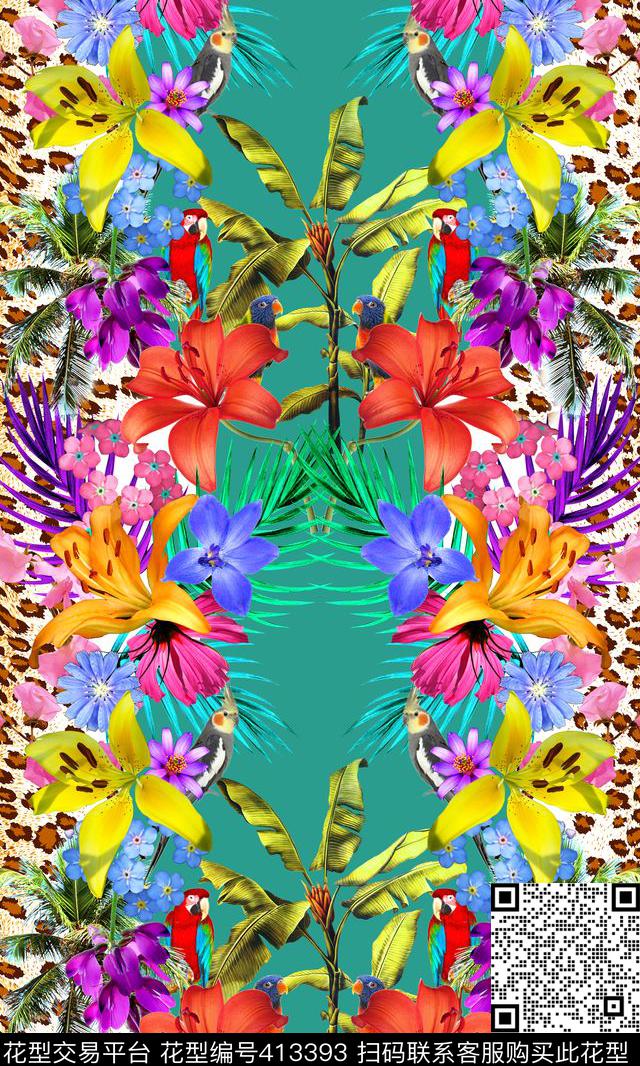 热带风花卉芭蕉树数码印花华亿平台下载（图片编号: 413393） - 瓦栏（Walan）