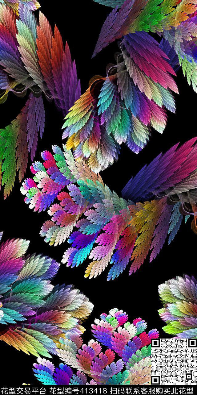 多彩抽象抽象羽毛数码印花华亿平台下载（图片编号: 413418） - 瓦栏（Walan）