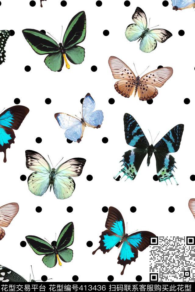 复古蝴蝶波点数码印花华亿平台下载（图片编号: 413436） - 瓦栏（Walan）