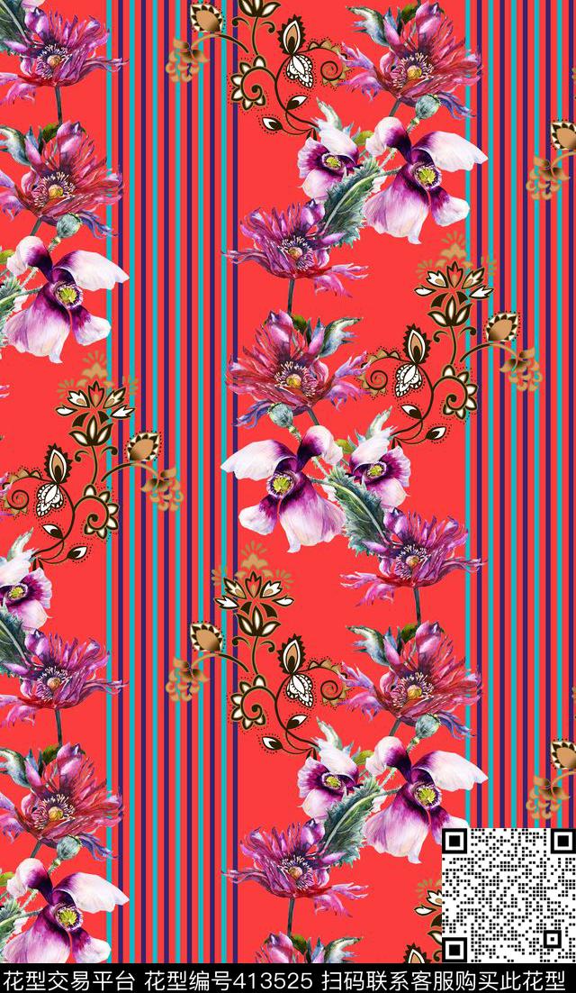 花卉喜庆民族风数码印花华亿平台下载（图片编号: 413525） - 瓦栏（Walan）