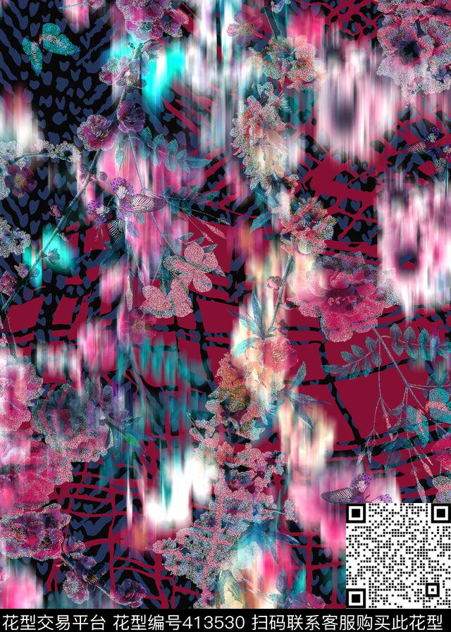抽象几何花卉数码印花华亿平台下载（图片编号: 413530） - 瓦栏（Walan）