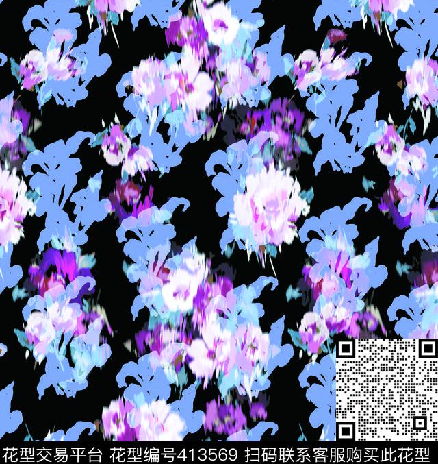 花卉印花图案优雅清新传统印花华亿平台下载（图片编号: 413569） - 瓦栏（Walan）