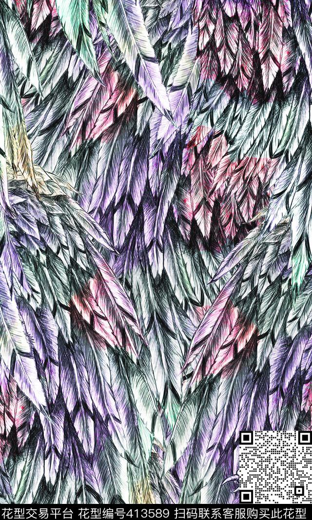 羽毛彩色手绘羽毛精致满版数码印花华亿平台下载（图片编号: 413589） - 瓦栏（Walan）