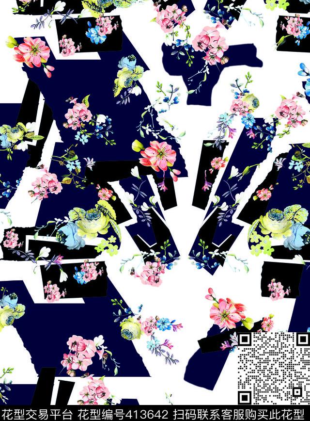 抽象花卉几何撕边花卉数码印花华亿平台下载（图片编号: 413642） - 瓦栏（Walan）