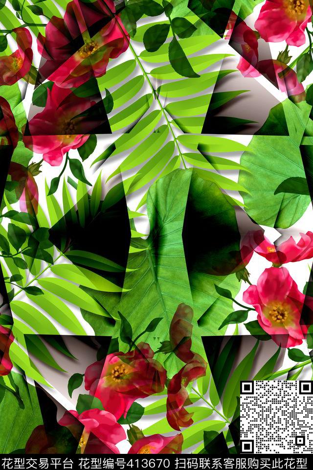 植物叶子几何数码印花华亿平台下载（图片编号: 413670） - 瓦栏（Walan）
