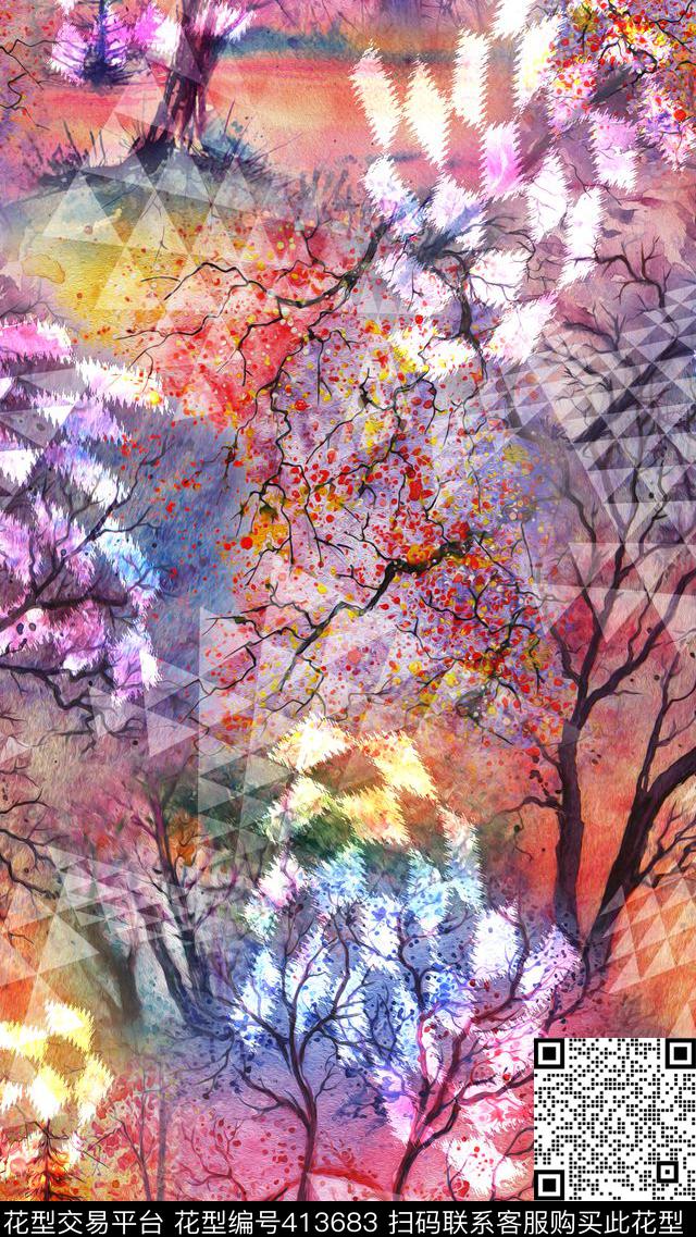 油画风景树林数码印花华亿平台下载（图片编号: 413683） - 瓦栏（Walan）
