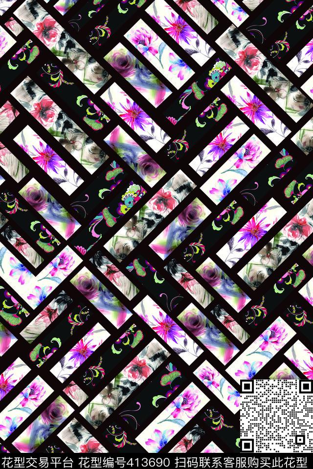 家纺砖块几何花卉手绘数码数码印花华亿平台下载（图片编号: 413690） - 瓦栏（Walan）