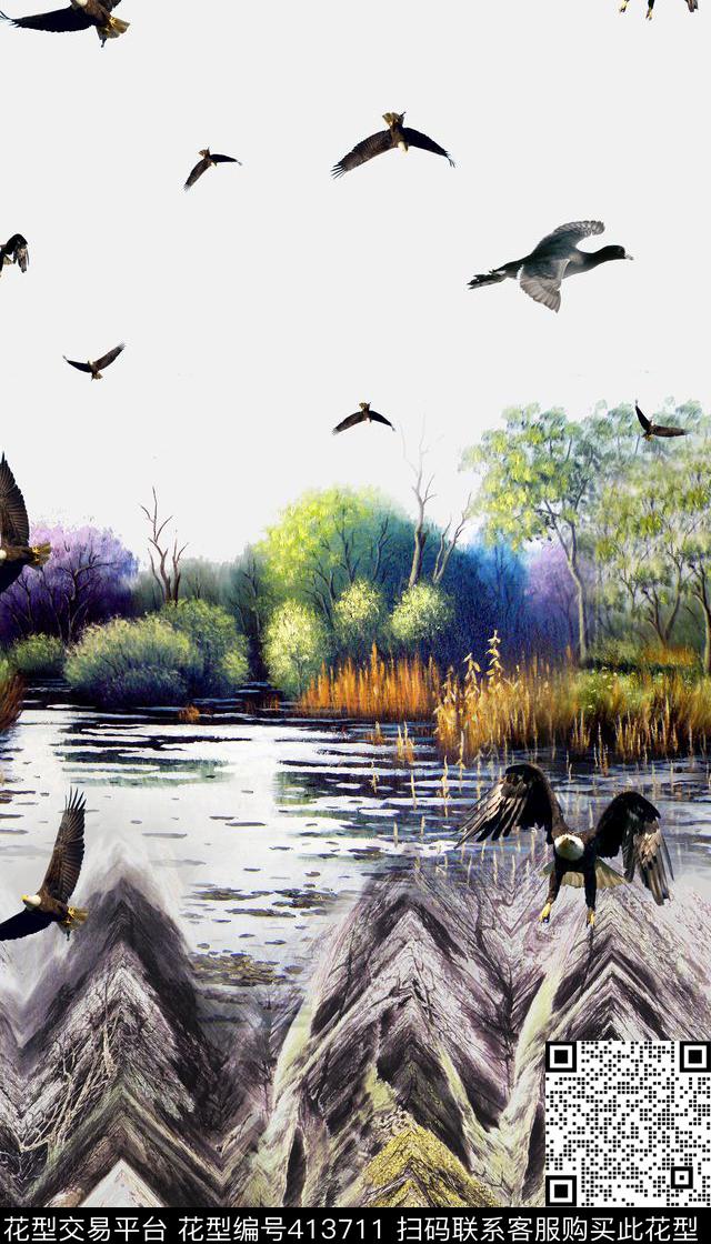 长方丝巾二方连续花鸟植物数码印花华亿平台下载（图片编号: 413711） - 瓦栏（Walan）