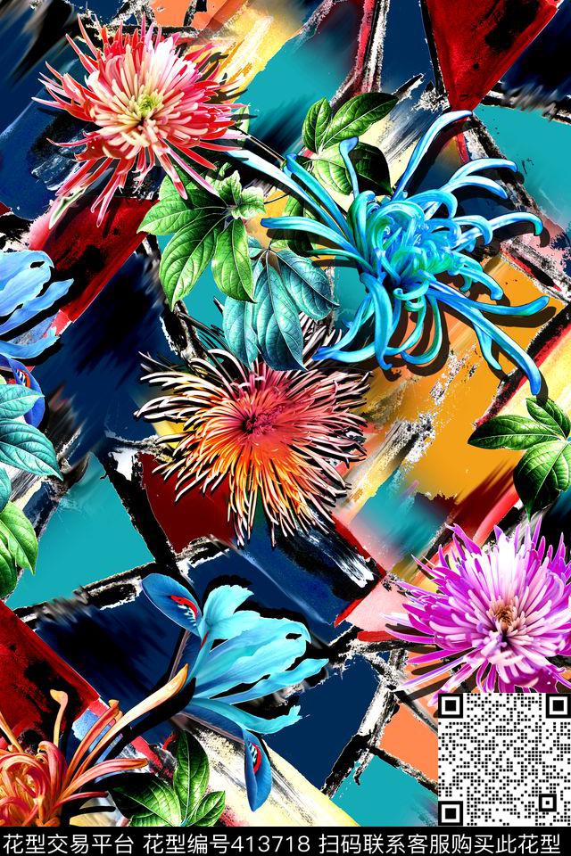时尚菊花兰花数码印花华亿平台下载（图片编号: 413718） - 瓦栏（Walan）