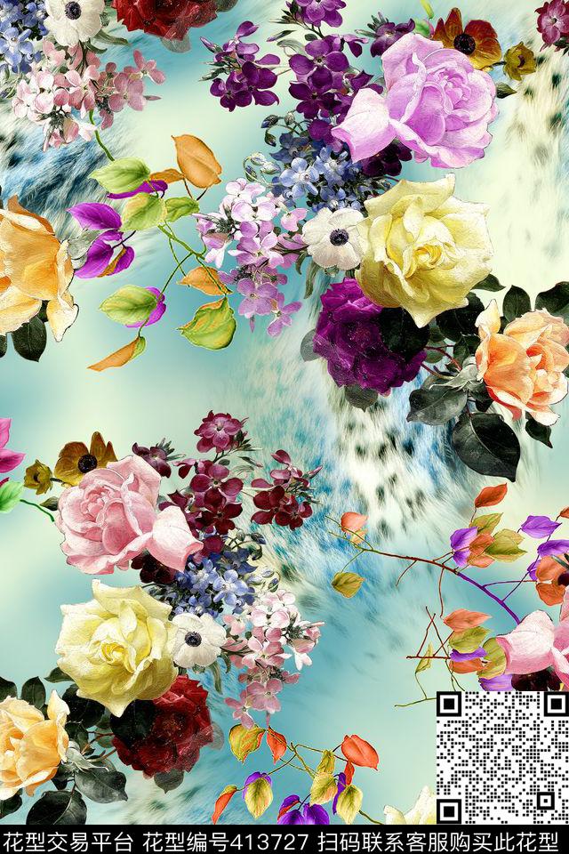 素雅豹纹皮毛油画花卉数码印花华亿平台下载（图片编号: 413727） - 瓦栏（Walan）