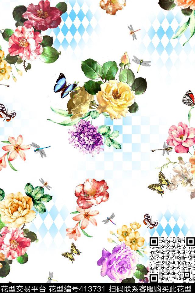 小清新油画花卉蝴蝶数码印花华亿平台下载（图片编号: 413731） - 瓦栏（Walan）