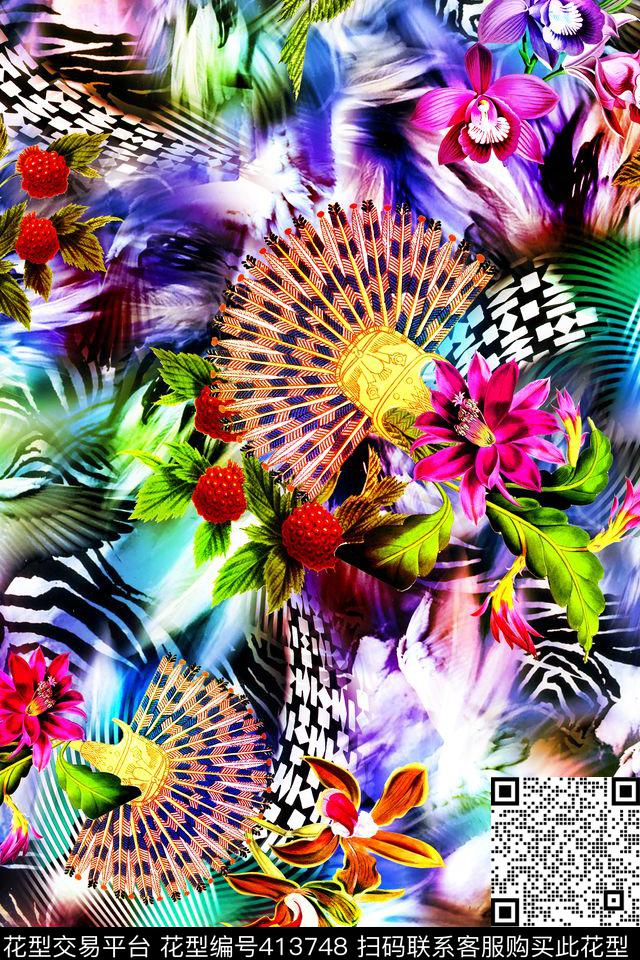 抽象羽毛花卉数码印花华亿平台下载（图片编号: 413748） - 瓦栏（Walan）