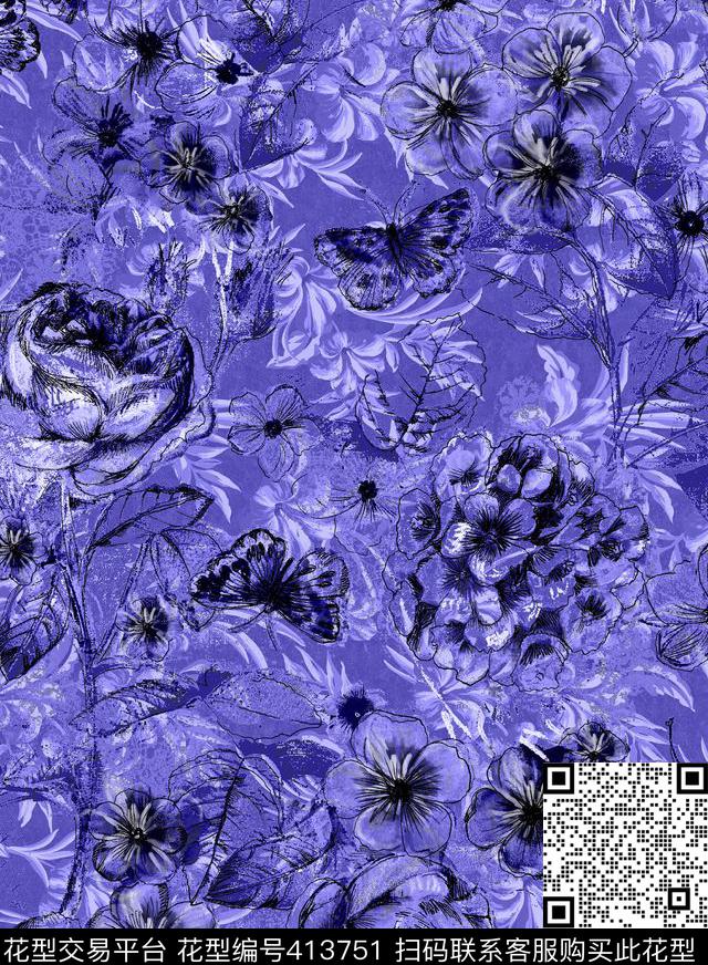 白化抽象卷草传统印花华亿平台下载（图片编号: 413751） - 瓦栏（Walan）