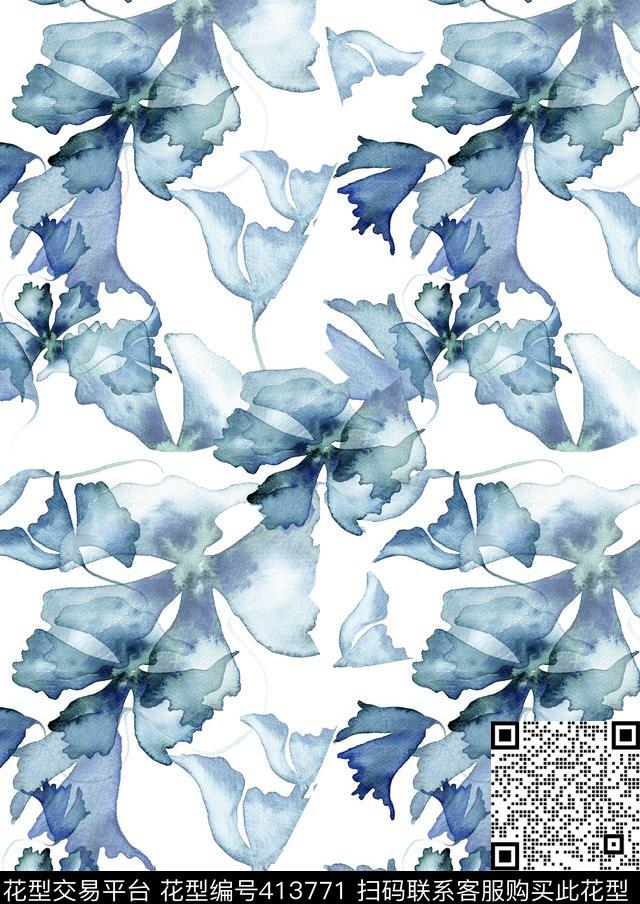 花朵蓝色水墨画数码印花华亿平台下载（图片编号: 413771） - 瓦栏（Walan）
