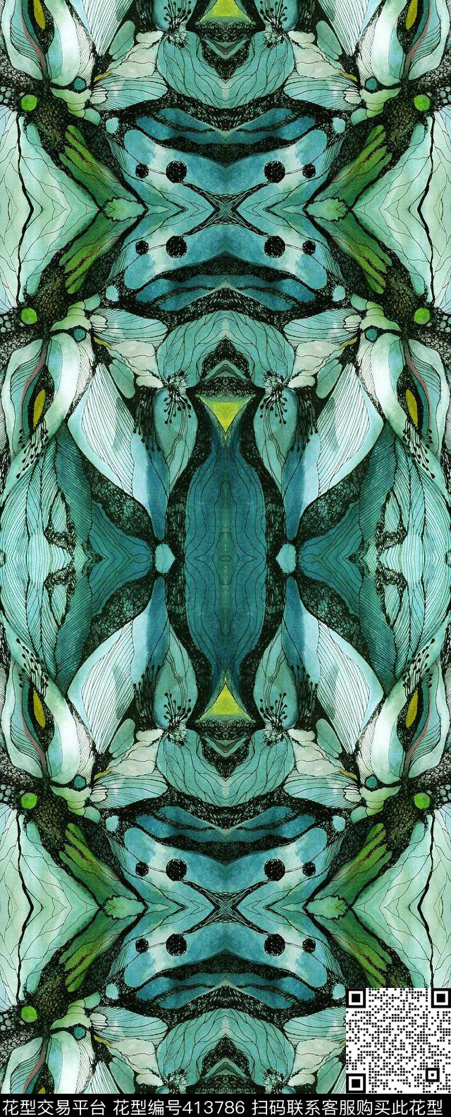 绿色梦幻植物数码印花华亿平台下载（图片编号: 413786） - 瓦栏（Walan）