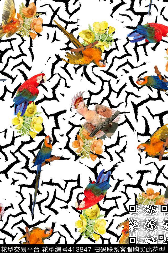 几何图案休闲风鹦鹉数码印花华亿平台下载（图片编号: 413847） - 瓦栏（Walan）
