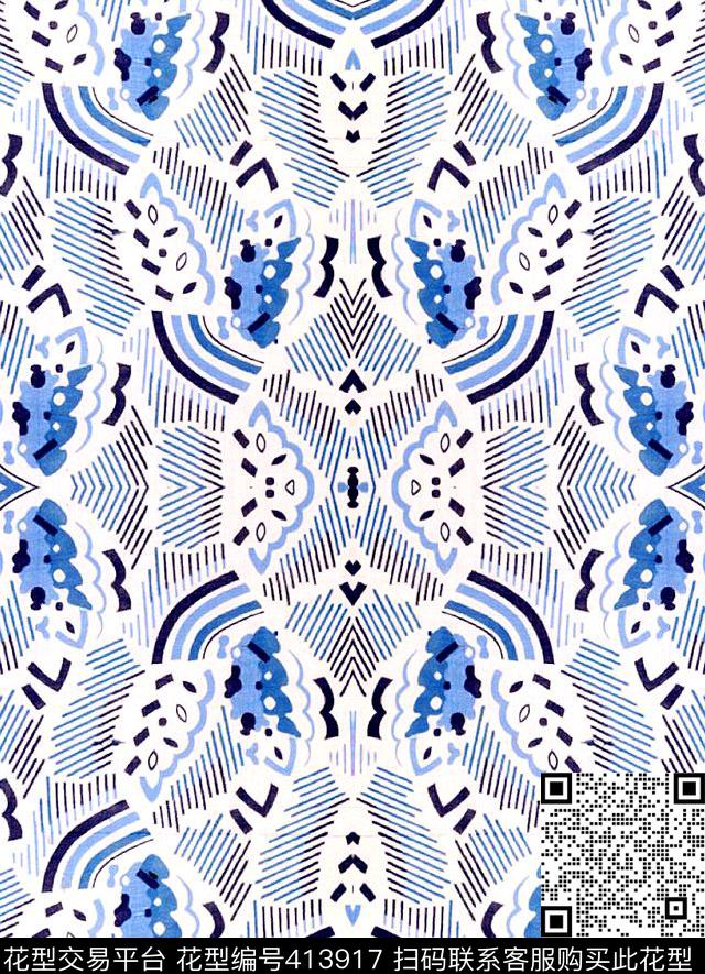 蓝色青花瓷手绘传统印花华亿平台下载（图片编号: 413917） - 瓦栏（Walan）
