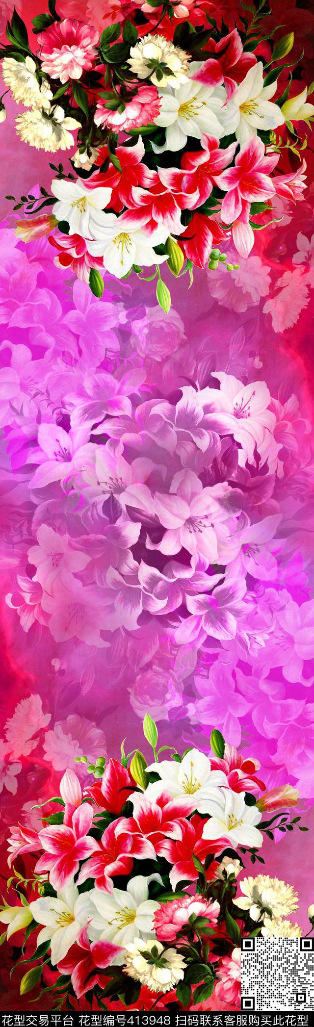 百合花长巾花卉数码印花华亿平台下载（图片编号: 413948） - 瓦栏（Walan）