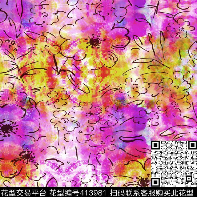 抽象线条云朵数码印花华亿平台下载（图片编号: 413981） - 瓦栏（Walan）