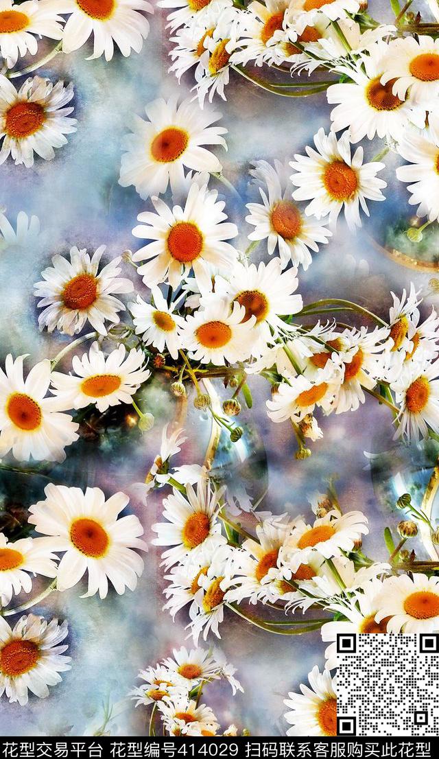 雏菊花四方连续田园风格数码印花华亿平台下载（图片编号: 414029） - 瓦栏（Walan）
