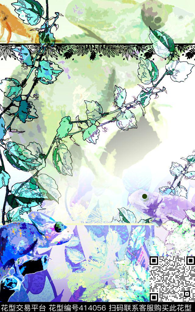 热带风情变色龙动物传统印花华亿平台下载（图片编号: 414056） - 瓦栏（Walan）