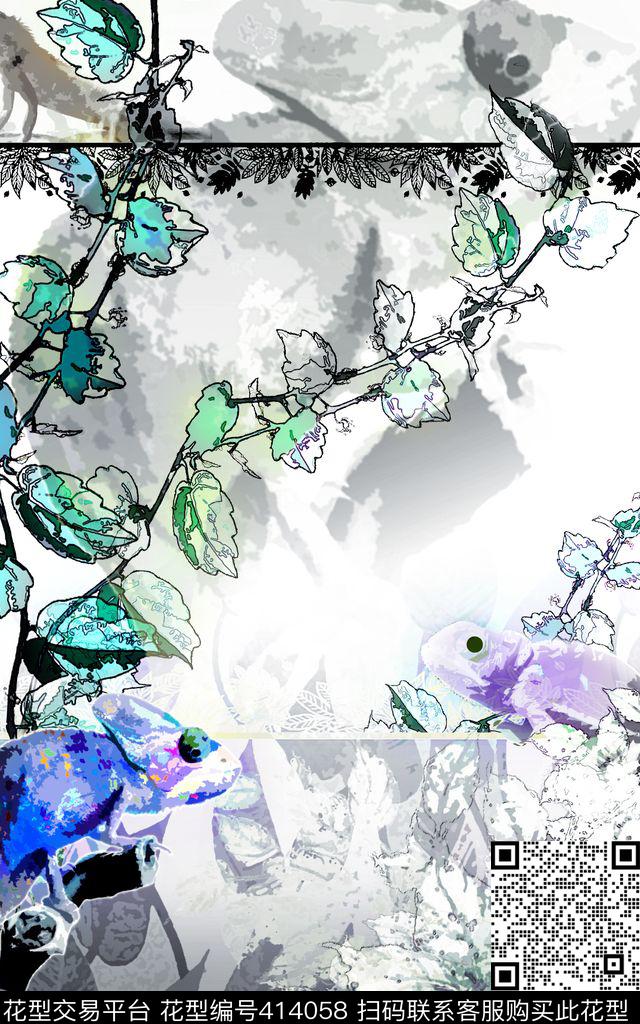 热带风情变色龙动物传统印花华亿平台下载（图片编号: 414058） - 瓦栏（Walan）