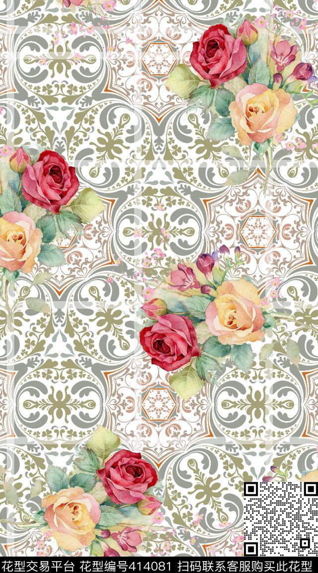 手绘花卉优雅复古数码印花华亿平台下载（图片编号: 414081） - 瓦栏（Walan）