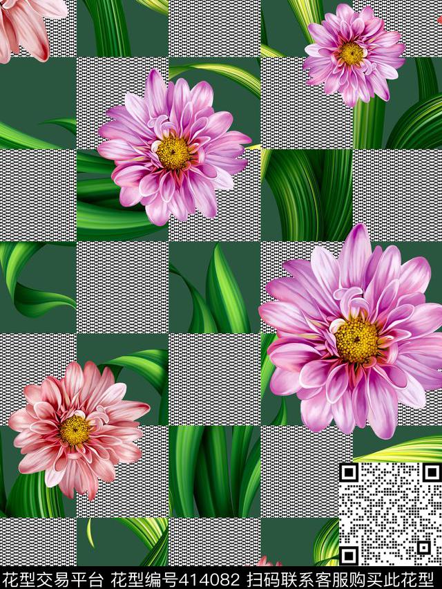 混搭大小格子花卉数码印花华亿平台下载（图片编号: 414082） - 瓦栏（Walan）